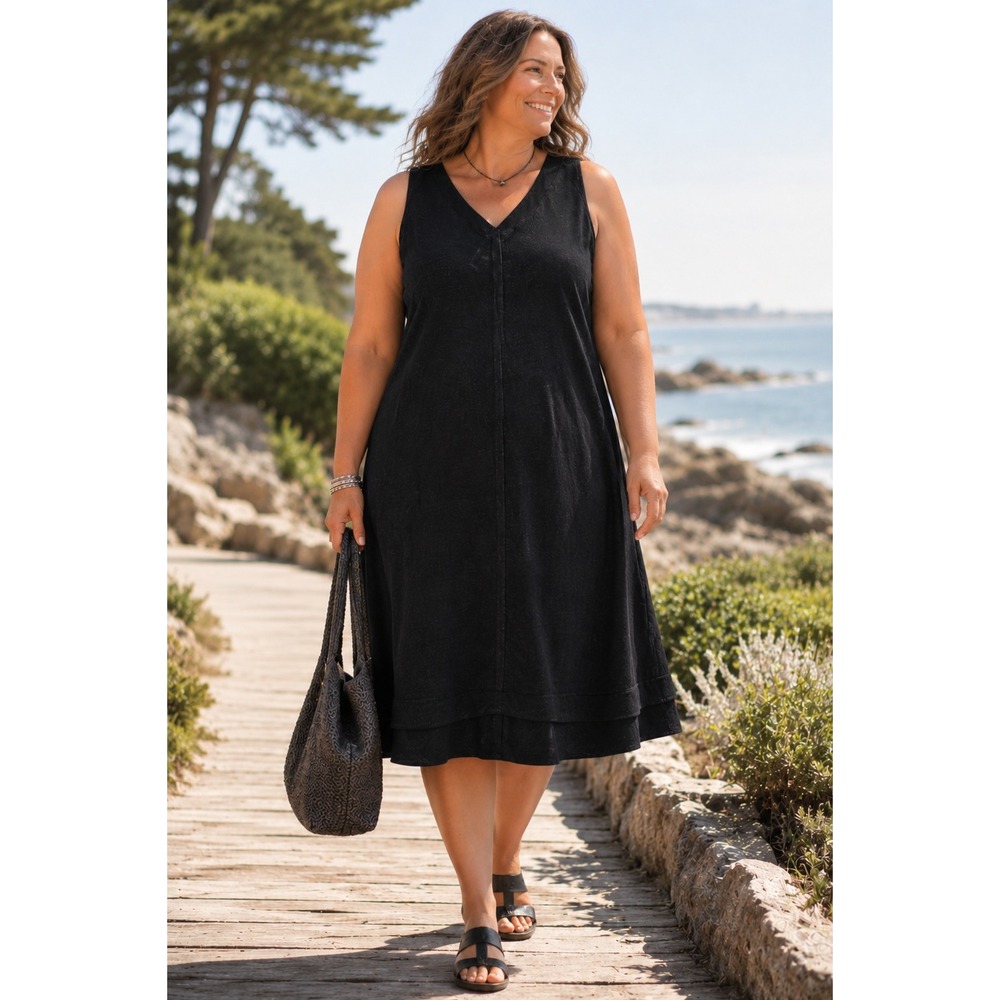 J. Jill Love Linen Sleeveless V-Neck Dress Lagenlook Minimalist Black XL‎ Tall